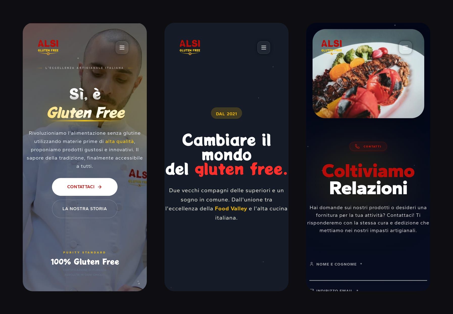 Tre schermate del sito su telefono: la home con «Sì, è Gluten Free», la pagina Chi siamo con «Cambiare il mondo del gluten free» e la pagina contatti con «Coltiviamo Relazioni»