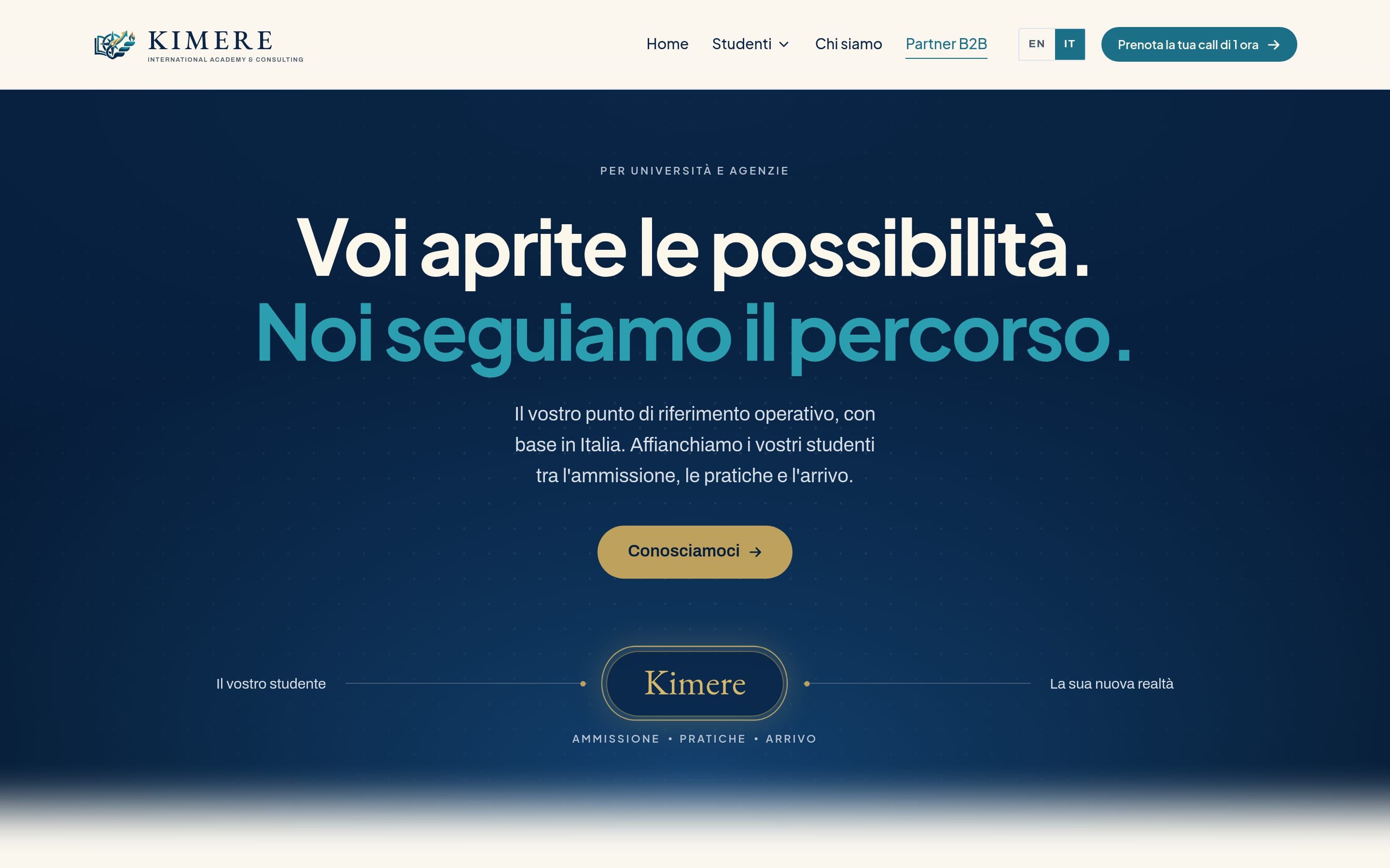 La pagina per università e agenzie: il titolo «Voi aprite le possibilità. Noi seguiamo il percorso.» su fondo blu notte, con il bottone «Conosciamoci»