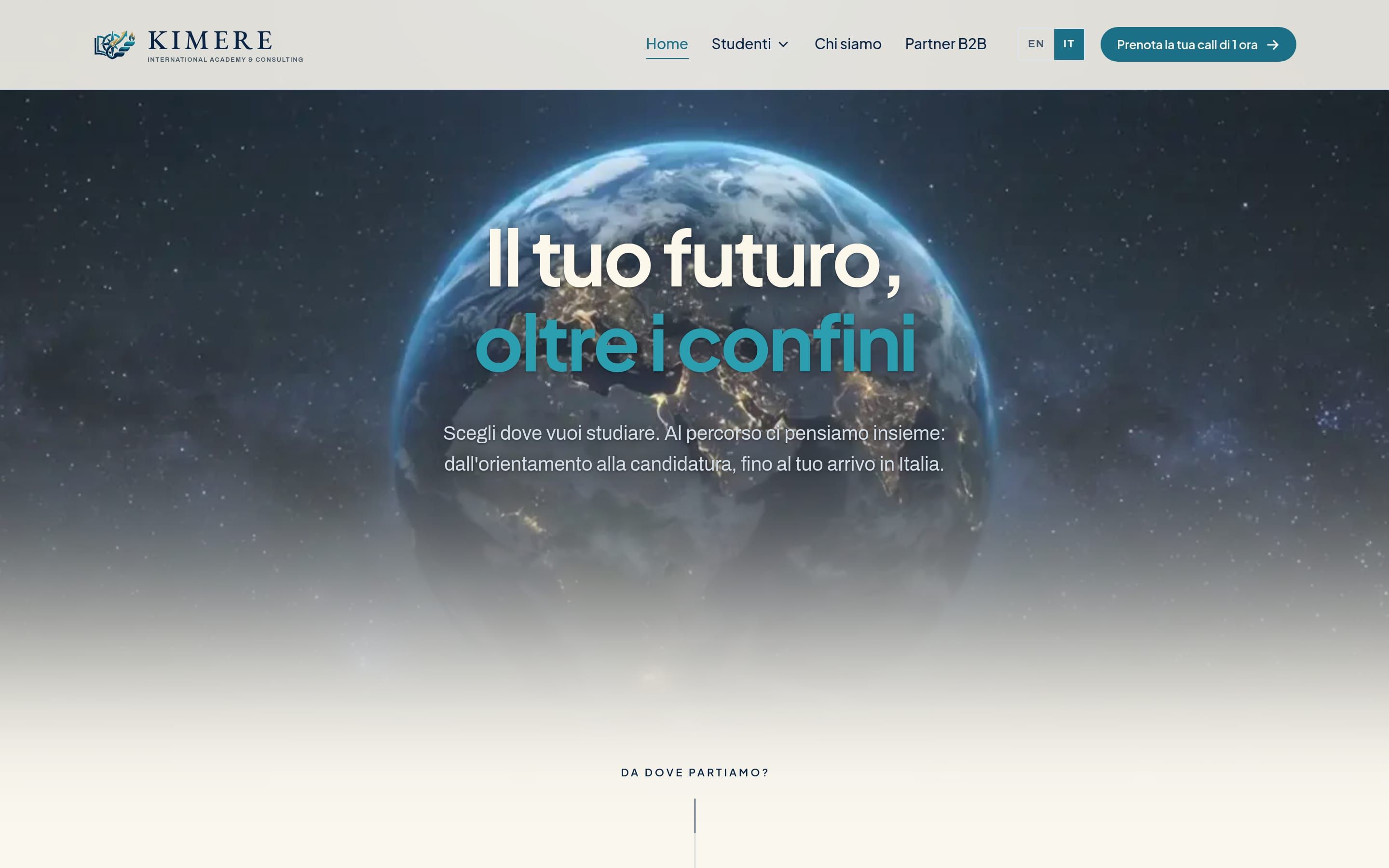La home del sito di Kimere: il titolo «Il tuo futuro, oltre i confini» sopra la Terra vista dallo spazio