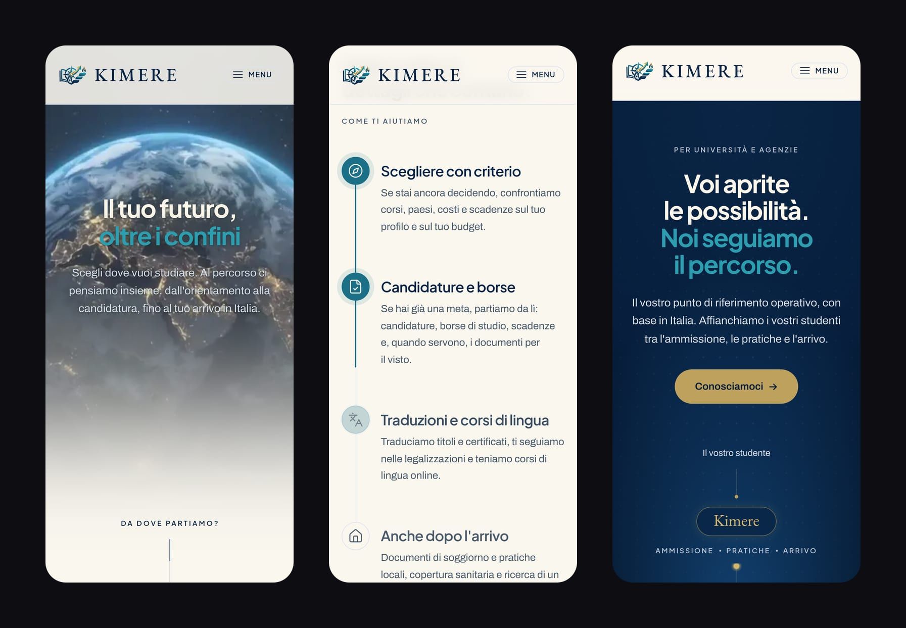 Tre schermate del sito su telefono: la home con la Terra, i passi del percorso studenti e la pagina per università e agenzie