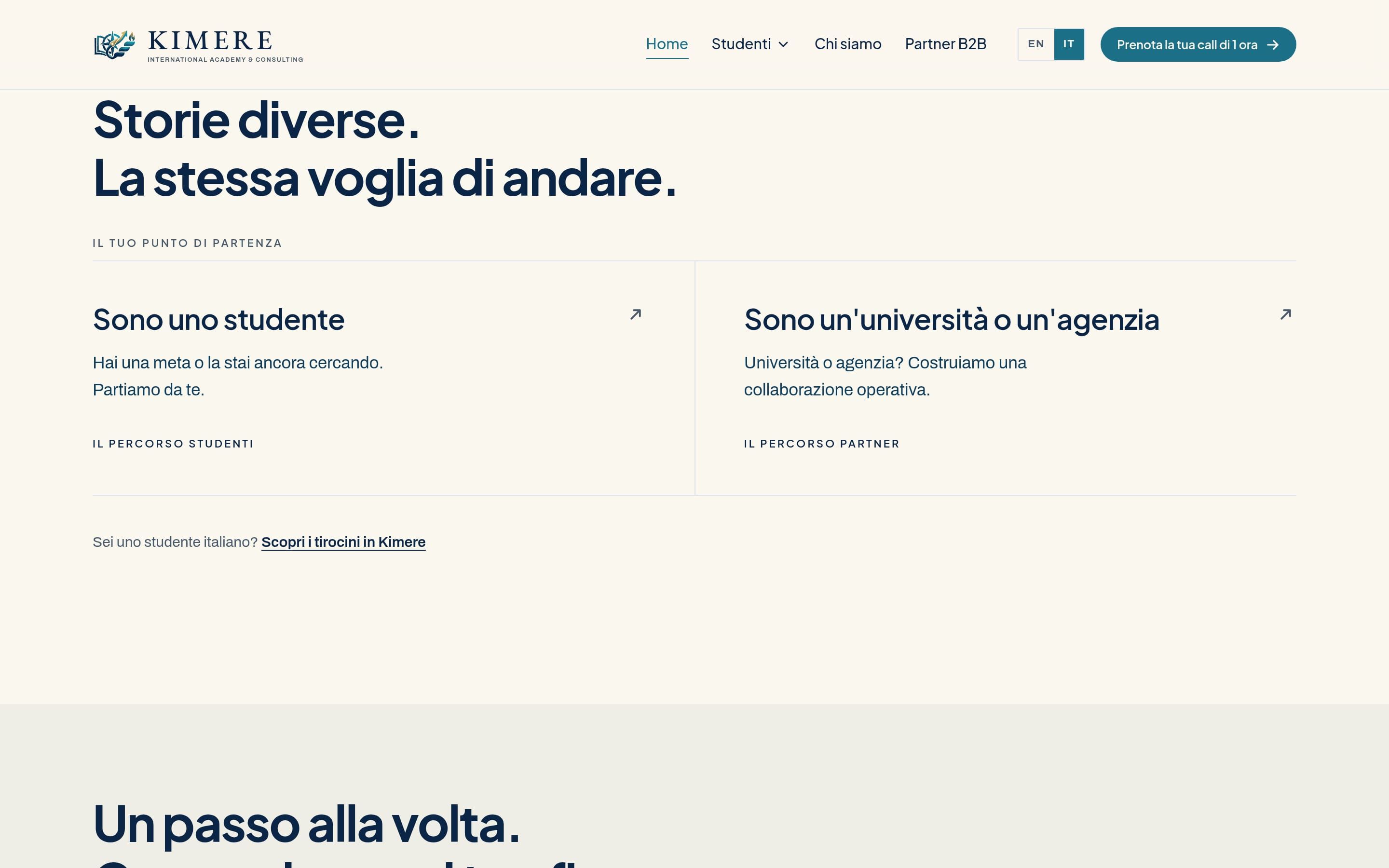 La sezione «Storie diverse. La stessa voglia di andare.» con due ingressi: «Sono uno studente» e «Sono un’università o un’agenzia»