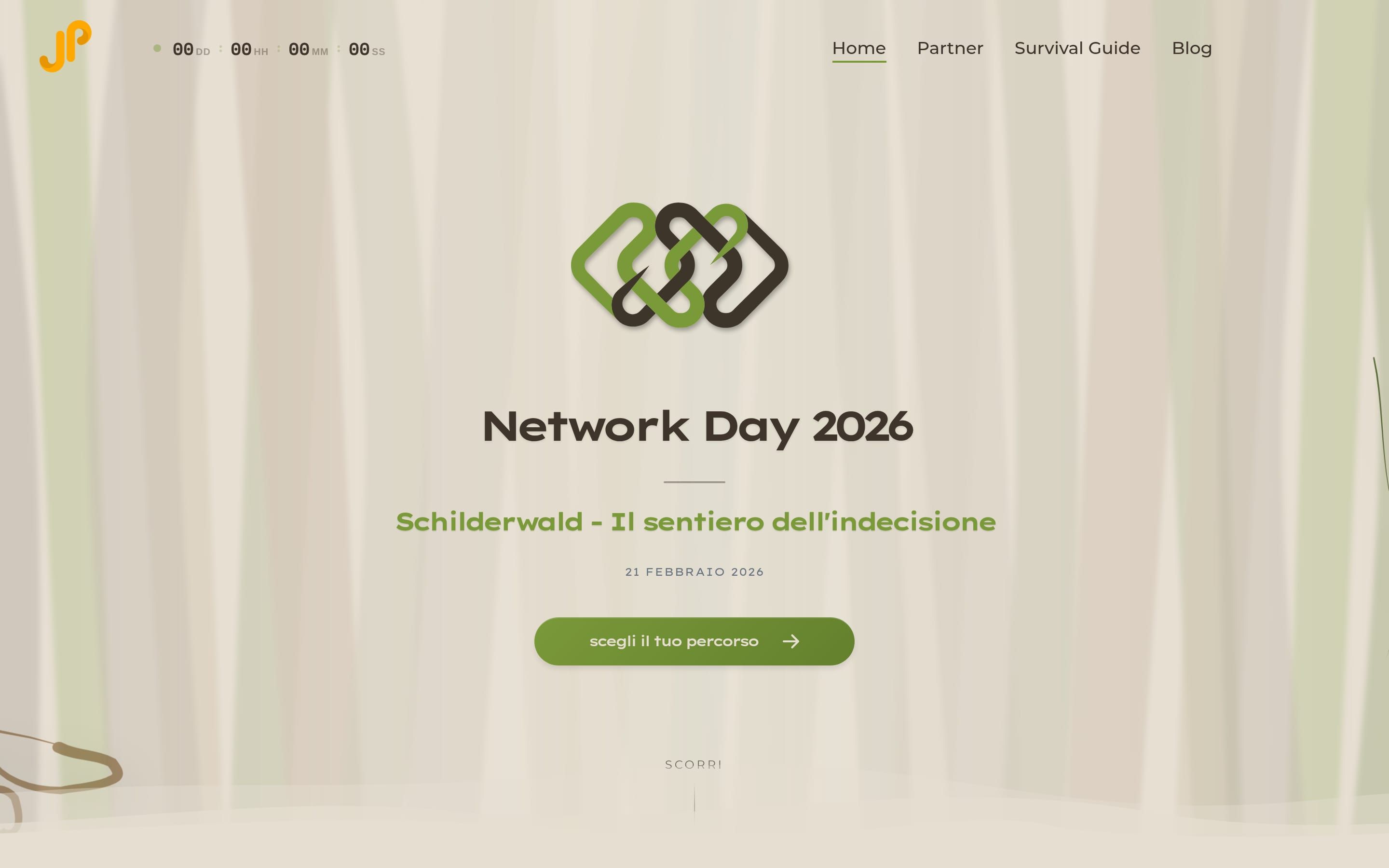 La home del sito del Network Day 2026: il logo dell’evento e il titolo «Schilderwald – Il sentiero dell’indecisione» su un fondo di alberi chiari