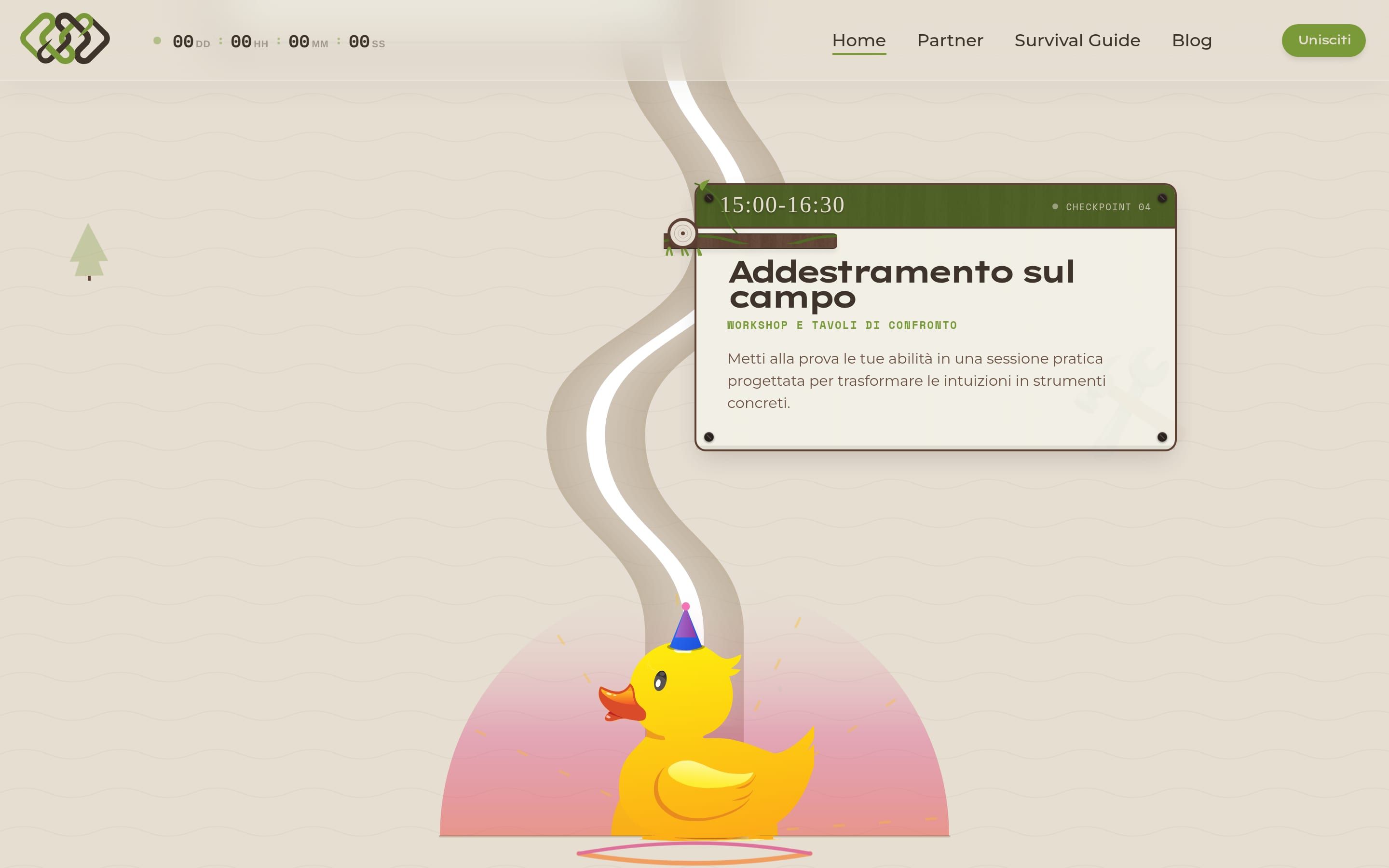 L’ultimo tratto del sentiero del programma, con la tappa «Addestramento sul campo» e una paperella gialla alla fine del percorso