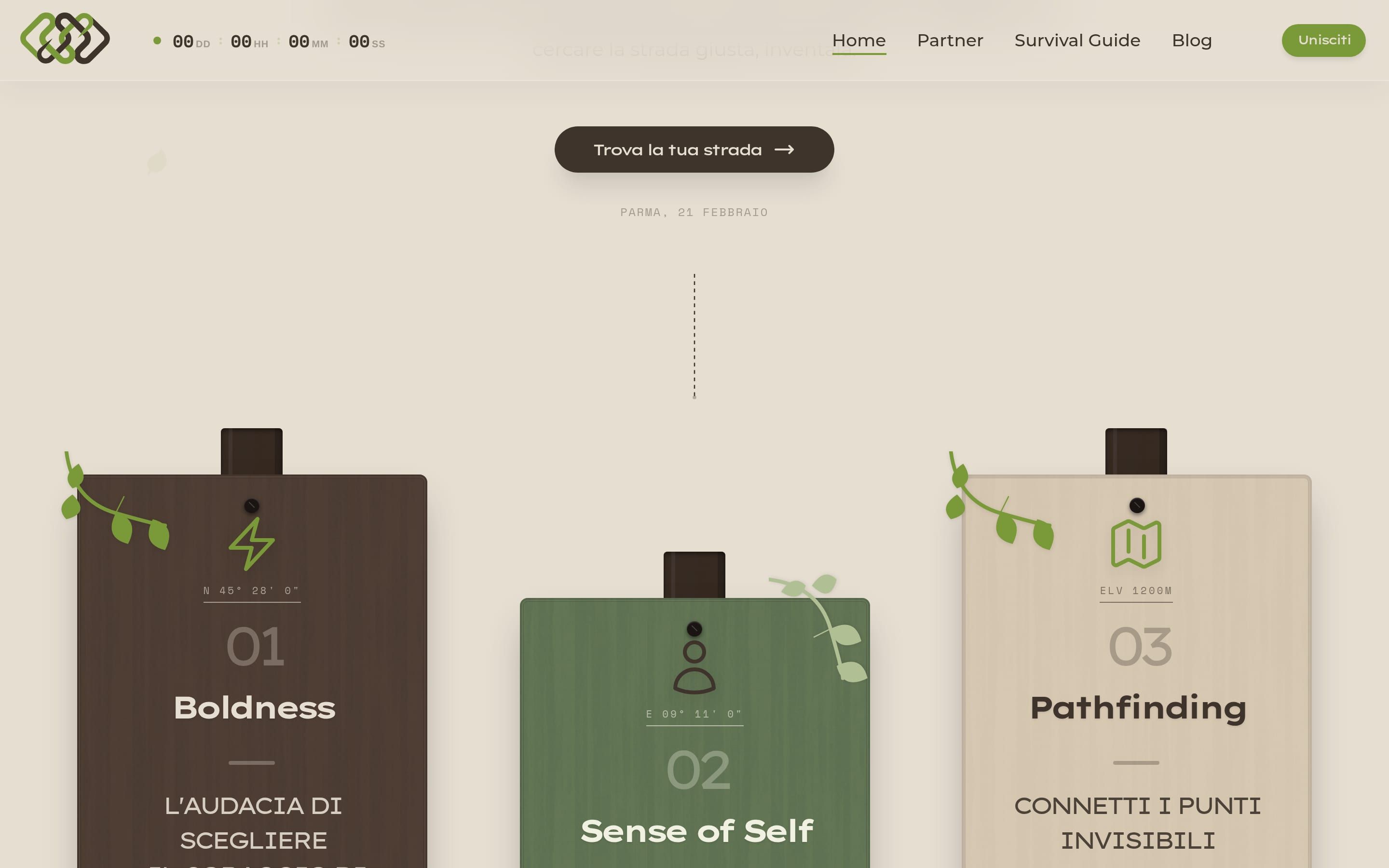 La sezione del tema: tre cartelli di legno appesi, con i pilastri Boldness, Sense of Self e Pathfinding