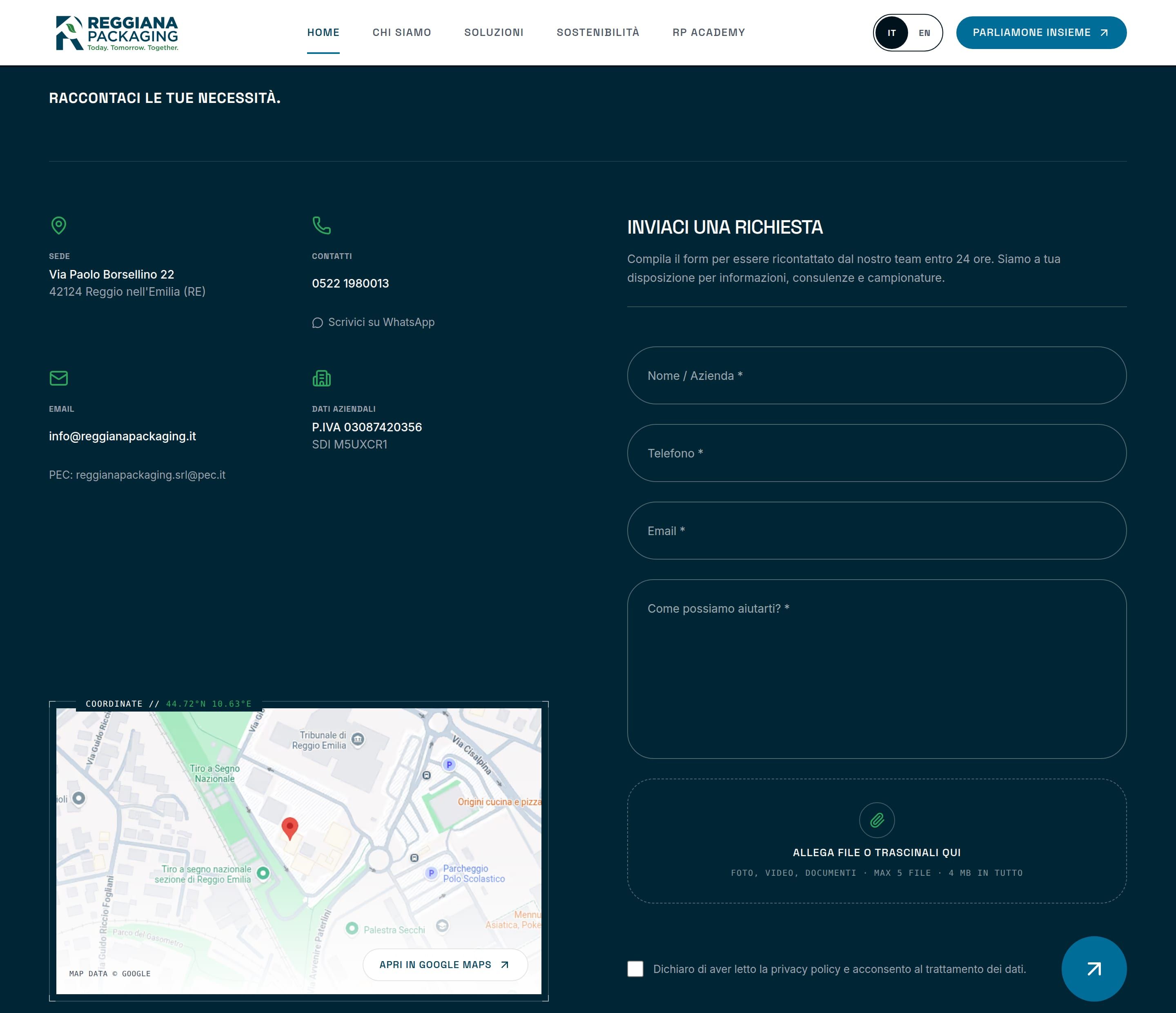 La sezione contatti: a sinistra sede, telefono, email e mappa, a destra il modulo con l’area per allegare i file
