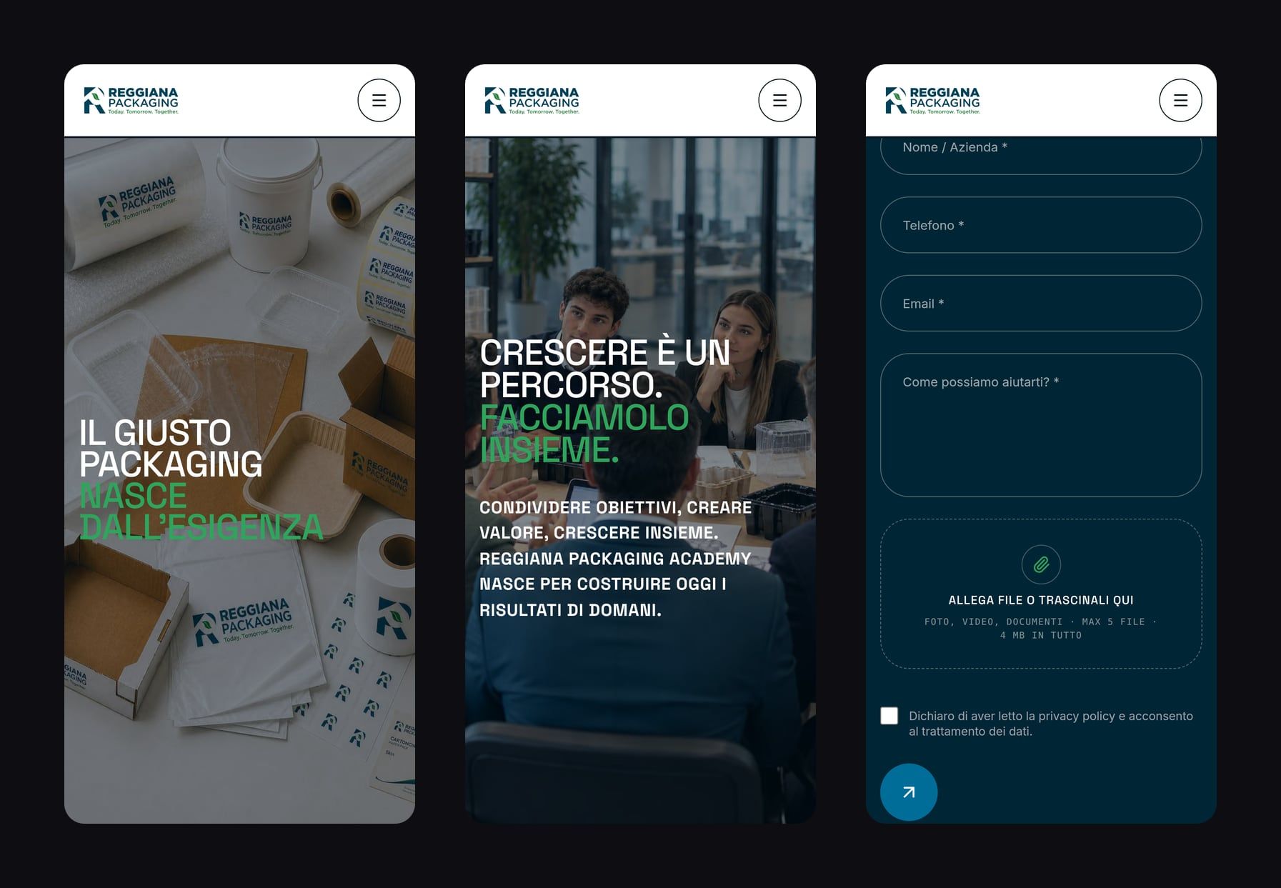 Tre schermate del sito su telefono: la home, la pagina della RP Academy e il modulo con l’area per allegare i file