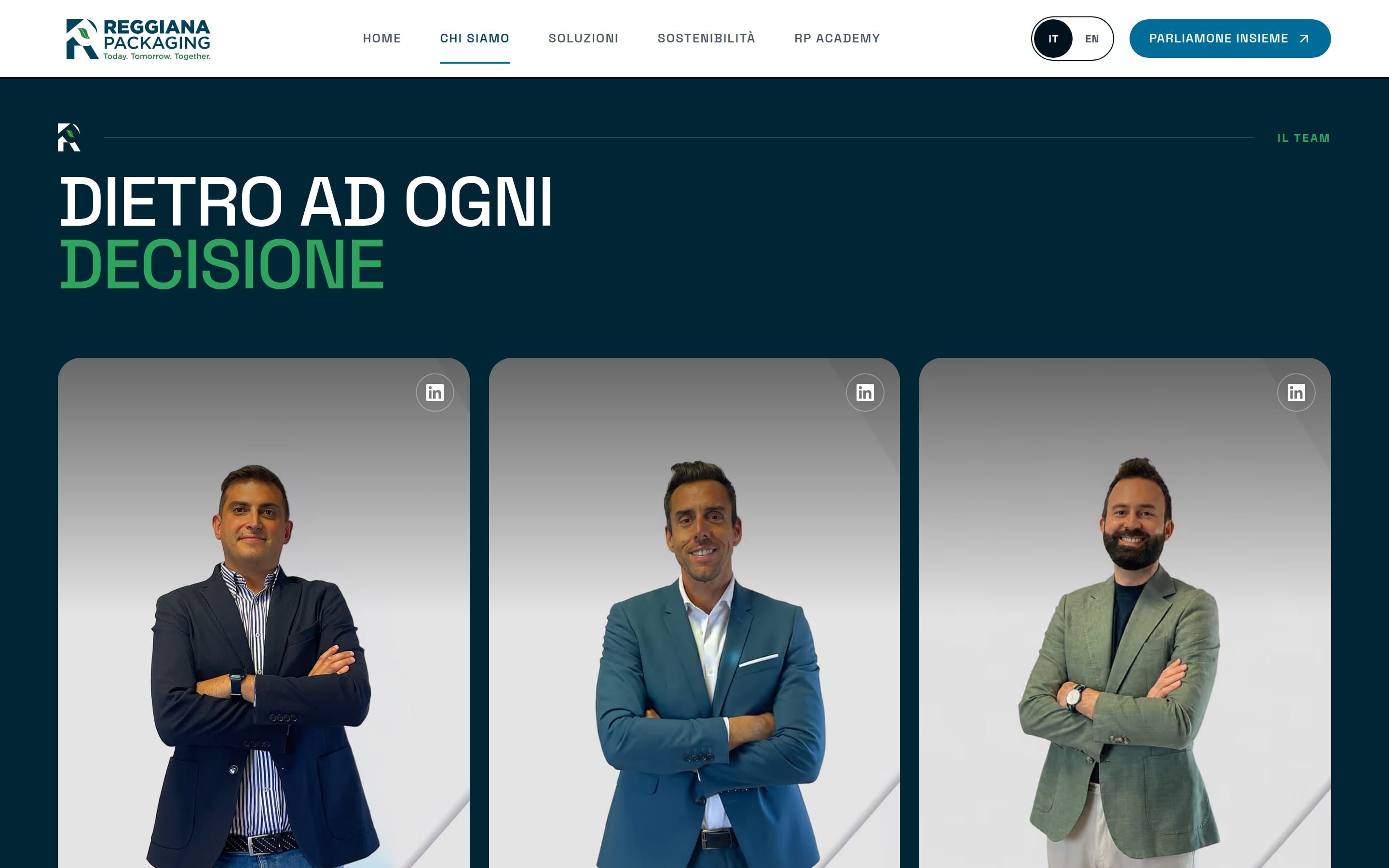 La sezione «Dietro ad ogni decisione» con le foto dei tre soci di Reggiana Packaging
